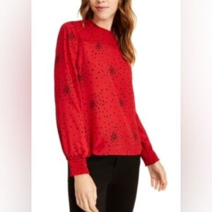 Maison Jules Size XXS Black & Red Long Sleeve Mock Neck Heart Print Blouse